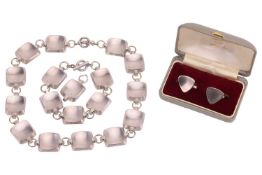 A Jorgen Jensen pewter necklace and bracelet set, comprising concave square links with toggle clasp,