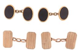 Two pairs of cufflinks: The first pair in 9ct gold, of rectangular form with canted corners, detaile