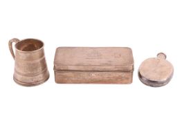 A silver cigar box, wood-lined with loaded base, hinged cover engraved with date and coat of arms, 1