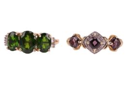 Two rings; comprising a three-stone chrome diopside ring, flanked by baguette-cut diamonds, in a 9ct