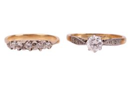 Two diamond-set rings; The first a five-stone diamond ring, featuring five graduating round brillian