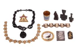 A small collection of jewellery items and objects; to include a Russian cloisonne enamel cup, a niel