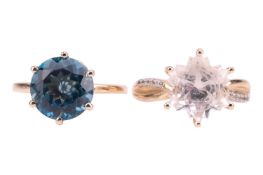 Two gem-set rings in 9ct gold; to include a fancy star-cut rock crystal claw-set between CZ shoulder