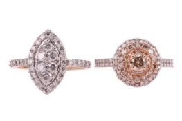 Two diamond-set rings; The first a marquise-shaped diamond-set ring, the central marquise-shaped pan