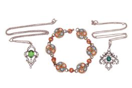 A collection of jewellery, including a pair coloureless and green pierced paste pendant necklaces, t