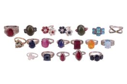 A large group of nineteen gem-set rings, in silver or white metal marked ‘925’, including an abstrac