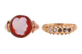 Two gem-set rings; to include an agate cameo ring, the round panel carved with a side profile of a C