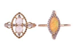 A pair of gem-set rings, each of marquise-shape, one set with a marquise-cut opal within a round-cut