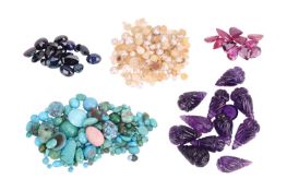 A group of loose gemstones; to include a packet of turquoise cabochons and beads, 11.8g; a packet of