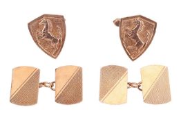 Two pairs of 9ct gold cufflinks; The first pair of shield form, with horse motif, to hinged toggle, 