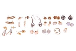 A collection of earrings, to include a pair of diamond cluster earrings in 9ct gold, to post fitting