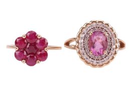Two rings; the first centrally-set with an oval mixed-cut pink fluorite, surrounded by white sapphir
