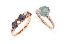 A sapphire and diamond half-hoop ring in 18ct gold, comprising three graduated cushion-cut sapphires