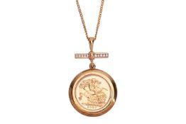 An Elizabeth II 2003 half sovereign pendant on chain, in a bevelled mount with diamond-set T-bar sur
