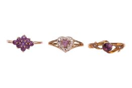 Three gem-set dress rings including an amethyst-set heart-shaped cluster ring in 9ct gold, size O1/2