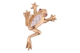A gem-set frog brooch in 9ct gold, the body embellished with single-cut diamonds and eyes set with r