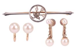 A seed pearl and diamond-set bar brooch, of foliate design, to pin and C clasp fitting, the reverse 