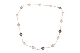 A cultured pearl necklace, featuring cultured south sea pearls of white, gold and brown hues, measur