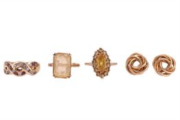 Three gem-set rings and a pair of earrings, to include a ruby and white paste dress ring marked '585