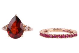 Two gem-set rings, comprising a pear-cut andesine-set ring, flanked by round brilliant diamonds, to 