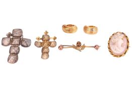 A group of jewellery items, to include two Masonic unfolding orb pendants, surface testing as base m