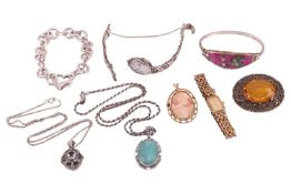 A collection of jewellery items including a 9ct gold lady's dress watch, a 9ct gold cameo brooch, to