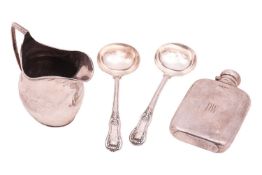 A pair of George IV silver Kings pattern sauce ladles, London 1827, by Charles Eley, a silver hip fl