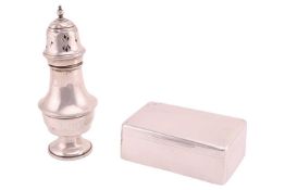 A silver cigarette case and a silver sugar caster; the cigarette case of rectangular form by Goldsmi