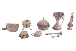 A small group of miscellaneous white metal objects, including a Yemeni (?) white metal belt purse, b