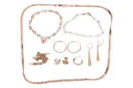 A group lot of jewellery, to include a 9ct gold herringbone chain, 51.0cm; A 9ct gold fancy-link bra
