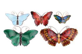 A group of enamel butterfly brooches, to include three examples by David Anderson with green, blue a