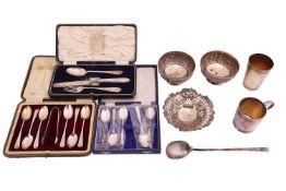 A collection of silver items comprising, a Victorian pierced and embossed bon-bon dish, London 1890 