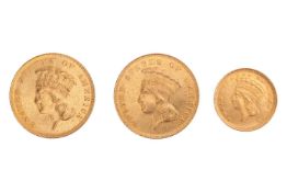 Three USA dollar pieces; to include two 1855 three dollar pieces, and an 1868 one dollar piece; Indi
