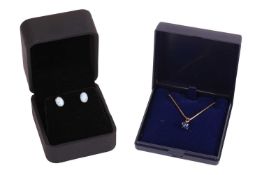 A pair of earrings and a necklace; The earrings each bezel-set with oval larimar cabochons, to post 