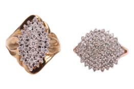 Two diamond cluster rings, one hallmarked 9ct gold and of abstract form, ring size Q, the other lead