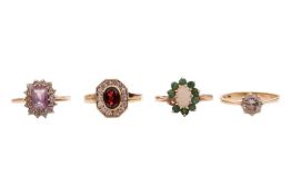 Four gem-set rings in 9ct gold; a CZ solitaire, an amethyst and CZ cluster ring, an opal and emerald