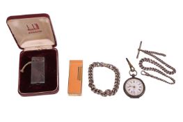 2 Dunhill “Rollalite” lighters; A Swiss white metal open-faced pocket watch (not running, crystal de