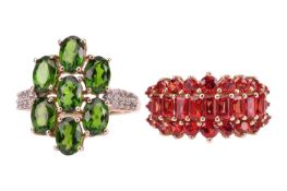 Two rings; comprising a chrome diopside cluster ring, in a 9ct gold mount, size M, together with a r