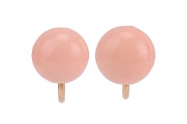A pair of coral earrings, each bouton coral, to screw-on posts, mounted in yellow metal, testing as 