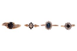 Four sapphire & diamond rings, three of cluster form, another of solitaire style with an oval da
