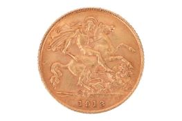 A George V 1913 half sovereign, bare head to the left, 4.0 grams.