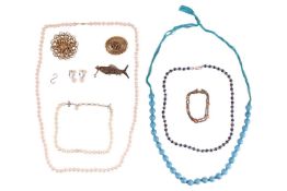 A group of costume jewellery, to include a pearl necklace, the single strand of knotted pearls each 