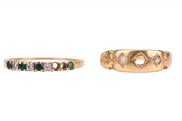 Two gem-set rings; The first a half-sternity band claw-set with alternating diamonds and emeralds (t