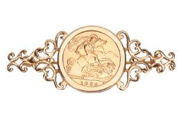 A bar brooch set with a 1982 half sovereign, with pierced scrollwork mount, brooch fittings to the b