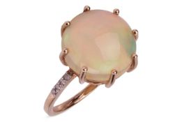 An opal and diamond ring, the eight-claw set circular cabochon opal, weighing approximately 4.20cts,