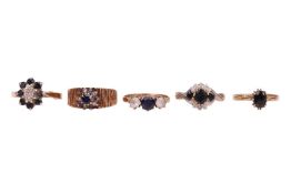 Five gem-set rings, comprising a a paste-set floral ring in 9ct gold, size N, a sapphire and diamond
