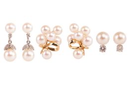 A group of three pairs of cultured pearl earrings; The first of drop form, with cultured pearl surmo