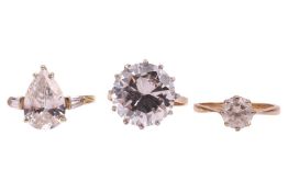 Three dress rings set with cubic zirconia in 9ct gold, total weight of items 12.8 grams. (3)