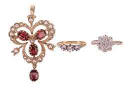 A small group of jewellery items comprising a garnet and seed pearl brooch-cum-pendant, of trefoil d
