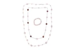 Two pearl necklaces and a bracelet; The first necklace featuring white baroque pearl intervals, knot